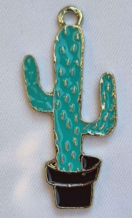 *Clearance Sale*1pc Cactus / Turquoise / Gold Tone /  Enamel  Charm / 40x17.5mm