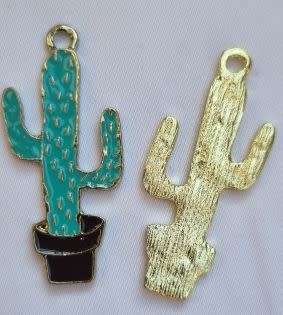 *Clearance Sale*1pc Cactus / Turquoise / Gold Tone /  Enamel  Charm / 40x17.5mm
