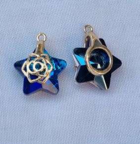 *Clearance Sale*1 pc Blue Electroplate Glass Star Charm / Gold Tone Detail /16mm