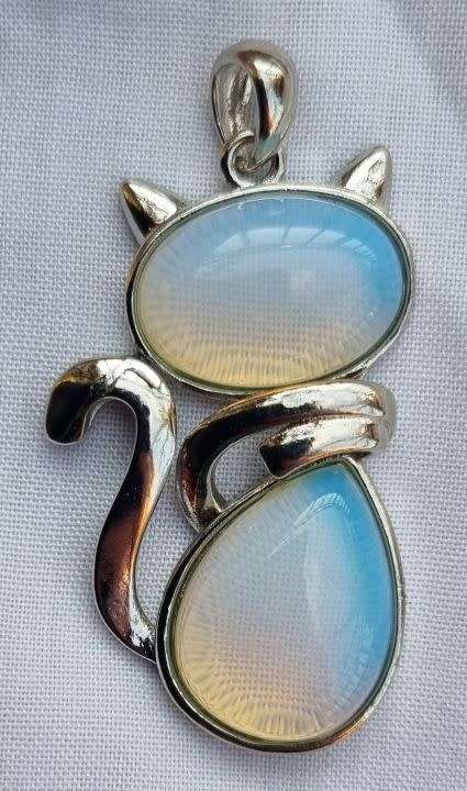 1pc  Natural / Opalite/ Silver Tone / Cat Pendant 44mm