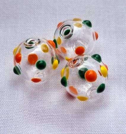 1Pc x (+/-14mm)  Transparent / Round Glass Bead / Painted Dots / Green/Yellow/Orange