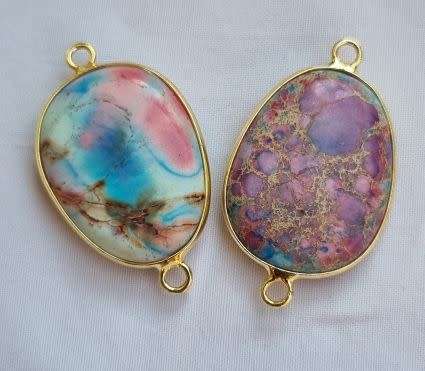 1 pc Natural / Imperial Jasper  / Oval / Gold Tone /  Connector /  (30x17mm)