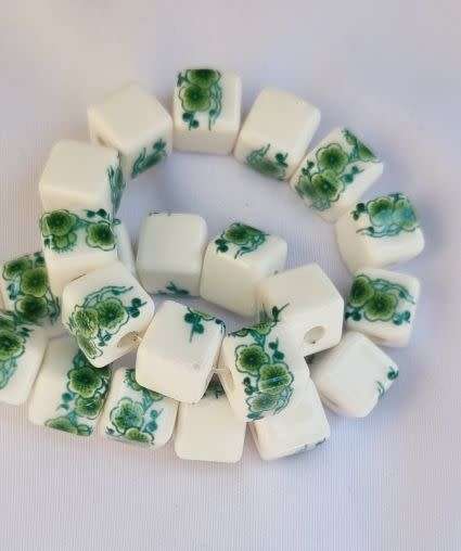 12pc x 9mm White / Painted / Green Flowers / Cube Glass Beads