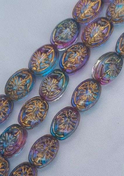 10pc (11x8mm) Purple / Blue / Gold Detail / Oval Glass Beads