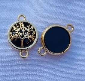*Clearance Sale*1pc  Gold Tone / Tree Of Life / Black Glass Bead / Connector / Flat Round +