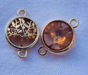 *Clearance Sale*1pc  Gold Tone / Tree Of Life / Light Orange Glass Bead / Connector / Flat Round +/-