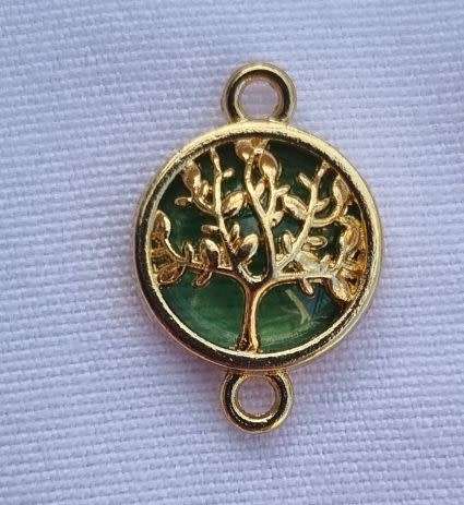 *Clearance Sale*1pc  Gold Tone / Tree Of Life / Green Glass Bead / Connector / Flat Round +/-