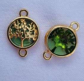 *Clearance Sale*1pc  Gold Tone / Tree Of Life / Green Glass Bead / Connector / Flat Round +/-