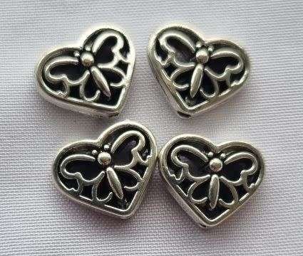 *Clearance Sale* 4pc x 11mm  Heart / Butterfly Detail  / Antique Silver Tibeta