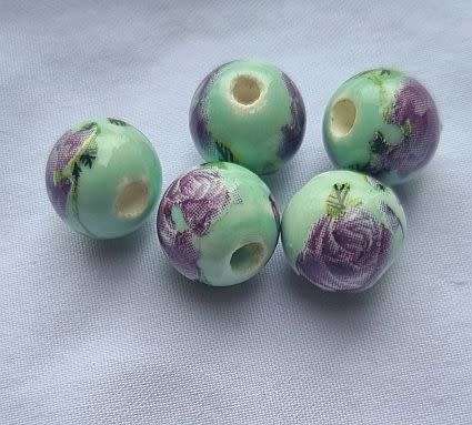 *Clearance Sale*6pc x 10mm Light Green / Painted / Purple Flowers / Round Glass Beads