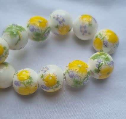 *Clearance Sale**10pc x 10mm White / Painted / Yellow / Purple / Green  Flowers / Round Glass Beads