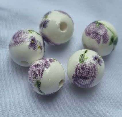 *Clearance Sale**6pc x 12mm White / Painted / Lavender / Flowers / Round Glass Beads