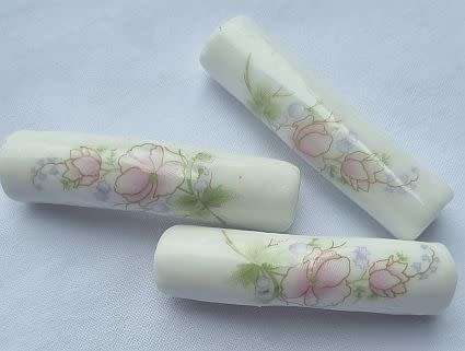 *Clearance Sale* 1pc x (+/-38x10mm) White / Painted / Light  Pink / Green / Flowers / Curved Tube