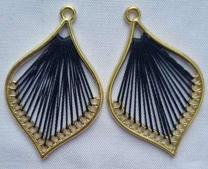 *Clearance Sale*1pc Black / Cotton Thread / Woven  / Gold Tone / Leaf Shape Pendant  43x27mm