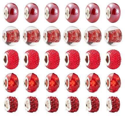 50pcs Red /  Fit  European Bracelet / Beads / 5 Styles / 10pc Per Style