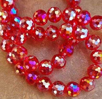 *Clearance Sale*10pc  x 9mm Red  / Faceted Electroplate Round Glass Beads