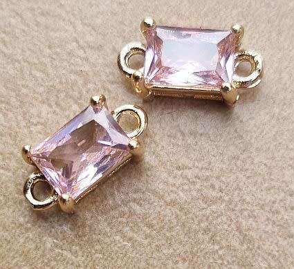 *Clearance Sale*1pc (12x6mm) Pink / Glass / Connector / Link / Gold Tone Edge/ Rectangle