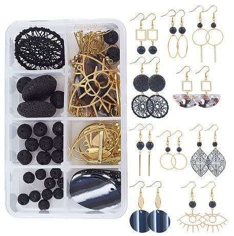 ***DIY*** 10 Pairs/ Gold Tone / Natural Lava & Resin Beads / Filigree  Pendants /Earing Making Kit