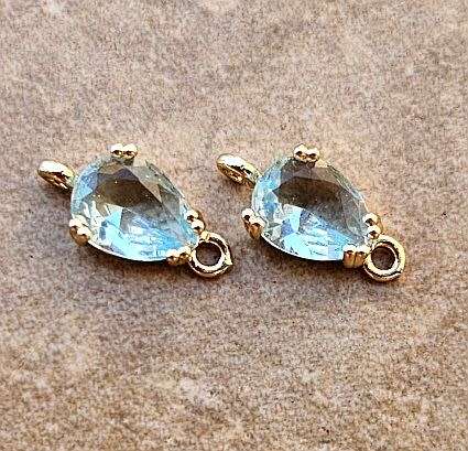 *Clearance Sale*1pc (13x7mm) Light  Blue / Drop / Glass / Connector / Link / Gold Tone Edge