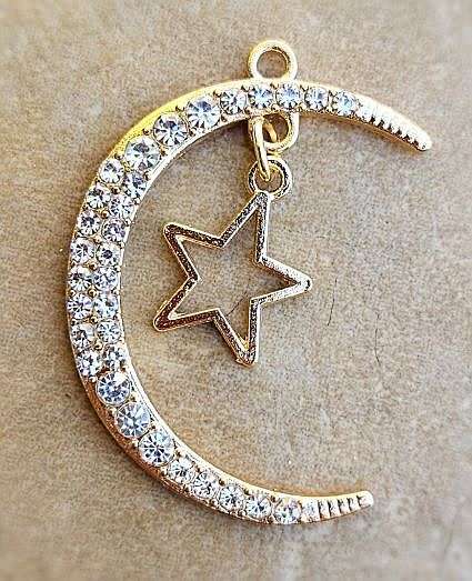 *Clearance Sale*1pc Moon / Star / Clear Rhinestone / Gold Tone / Alloy Pendant / 39x28x2mm