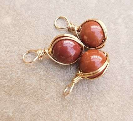 *Clearance Sale* 1pc  Natural /  Red Jasper / Gold Plated Wire Wrapped  /  Round Bead  /Charm