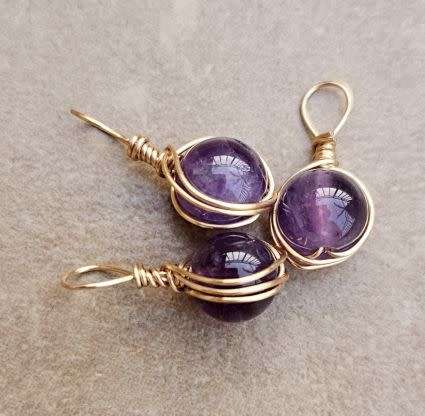 *Clearance Sale*1pc  Natural / Amethyst  / Gold Plated Wire Wrapped  /  Round Bead  /Charm