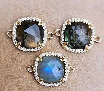 1 pc Natural /  Labradorite / Cubic Zirconia  / Gold Tone /  Square Connector /  (19x14mm)