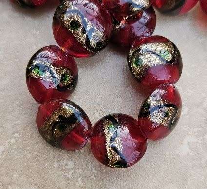 *Clearance Sale*1pc x (+/-20mm) Red / Gold Sand / Flat Round / Handmade  Lampwork