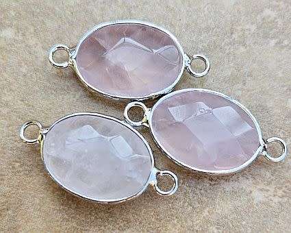 *Clearance Sale*1 pc Natural / Rose Quartz   / Faceted / Oval / Silver Tone /  Connector /