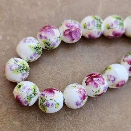 *Clearance Sale*10pc x 10mm White / Purple / Painted / Flowers / Round Porcelain Beads