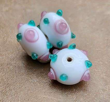 1Pc x (+/-20x12mm)  White / Green & Pink  Detail / Handmade Lampwork Glass  Bead - Each