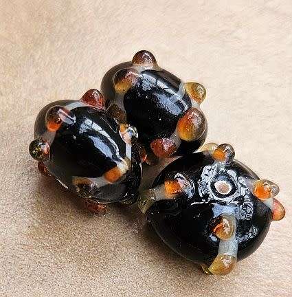 *Clearance Sale*1Pc x (+/-20x12mm)  Black / Orange & White  Detail / Handmade Lampwork