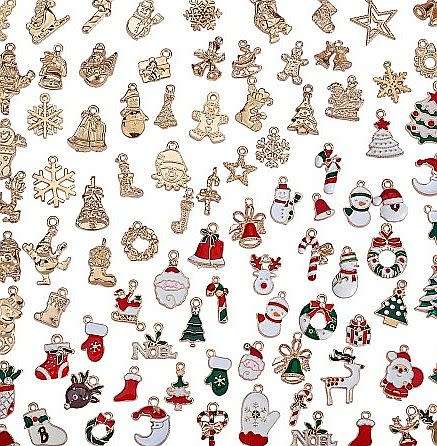 100pc Assorted / Christmas Theme /  Gold Tone / Color Charms
