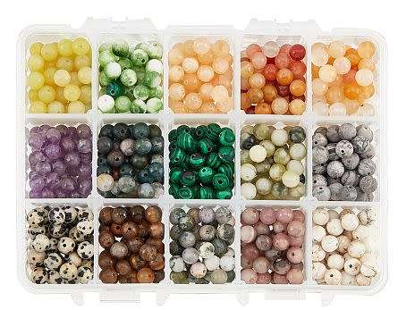 750Pc x 6mm  Assorted / Natural &  Synthetic / Gemstone Beads / 15 Types / 50pc Per Type