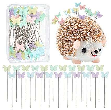 50Pcs Iron Pins With Plastic Butterfly Heads and Hedgehog Shape Pin Cushion