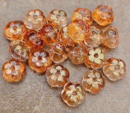 *Clearance Sale*20pc x (9x6mm) Orange Painted /  Gold Dust / Flower /  Glass Beads
