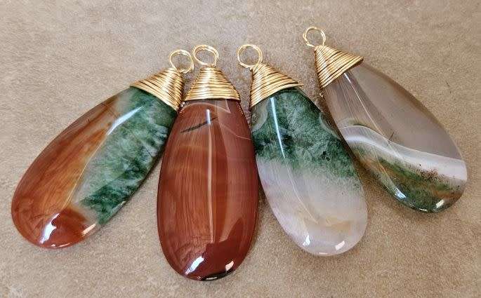 *Clearance Sale*1pc Natural /  Brazilian Agate / Gold Plated Brass Wire Wrapped / Drop Pendant / +/-