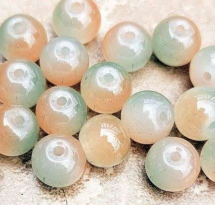 10Pc x 10mm  Orange / Green  / Painted / Round  Glass  Beads