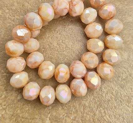 15pc (8x6mm) Orange /  Marble / Painted / Faceted Rondelle / Glass Beads