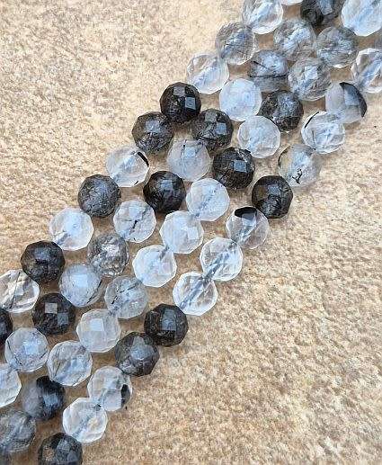 *Clearance Sale*1 Strand x (+/-4mm)   Natural / Black Rutilated Quartz / Faceted Round  /