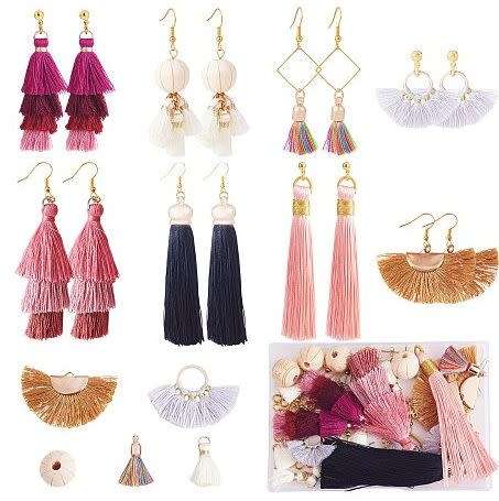 ^^DIY ^^ 8 Pairs  /  Polyester Tassel / Wood Beads  / Brass Gold Tone Finding/  Kit