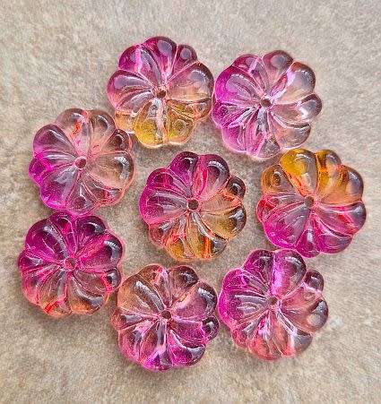 *Clearance Sale*10pc  x  (15x3mm)  Orange / Pink  Painted  / Flat Flower Glass Beads