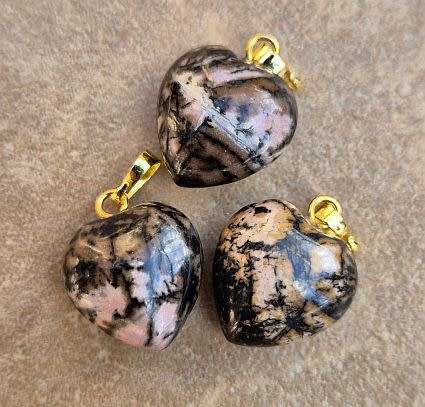 *Clearance Sale*1pc Natural /  Rhodonite /  Gold Tone / Heart Shape Pendant +/- 16mm