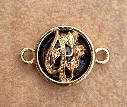 *Clearance Sale*1pc  Gold Tone / Flowers / Black Glass Bead / Connector / Link / Flat Round +/-