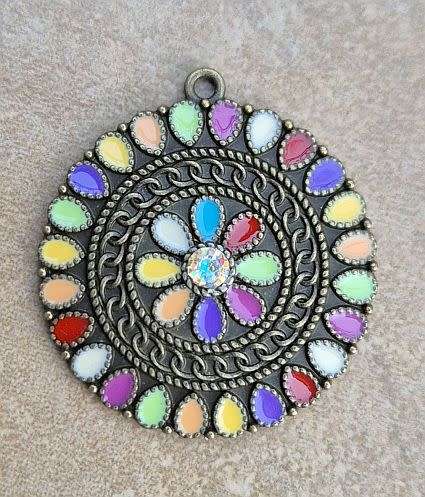 *Clearance Sale*1pc  Multi Color Enamel / Flower /  Rhinestone  / Flat Round /Antique Bronze /