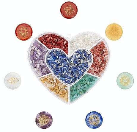 1 Set  / No Hole /  Chakra  / 7 Flat Round / Engraved Chakra Symbols  / Chips / Stone Set