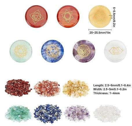 1 Set  / No Hole /  Chakra  / 7 Flat Round / Engraved Chakra Symbols  / Chips / Stone Set