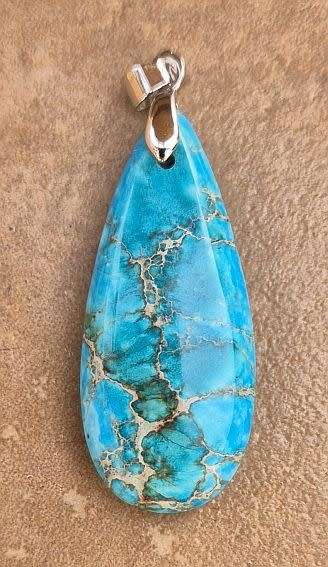 1pc Natural / Imperial Jasper/Sea Sediment Jasper / Silver Tone Brass/ Dyed Drop Pendant +/- 35x15mm