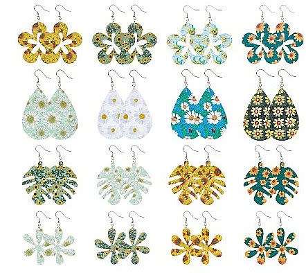 ***DIY*** 16 Pairs / PU Leather  Pendants / Flower / Leaf / Drop  Silver  Tone/ Earing Making Kit