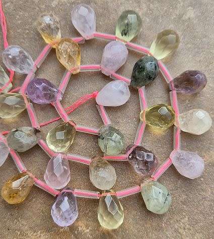 1 Strand (14x9mm) Mixed  Natural  Quartz / Faceted  Drop Beads  /  Top Drilled / +-/ 28pc